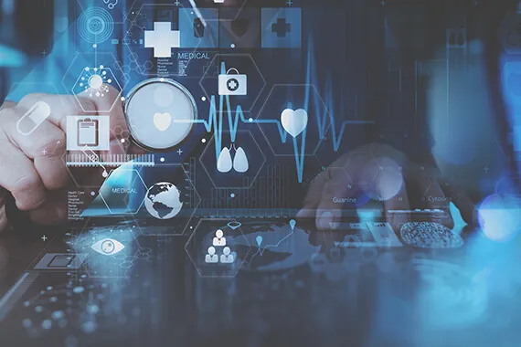 Healthcare technology icons displayed over a digital tablet